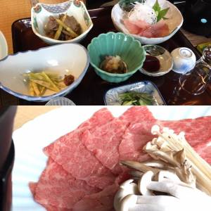 三の膳までついた山菜を含むイワナ、米沢牛のしゃぶしゃぶのお料理♪